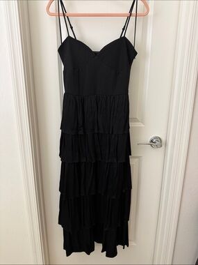 Endless Rose Black Tiered Midi Dress with Double Spaghetti Straps